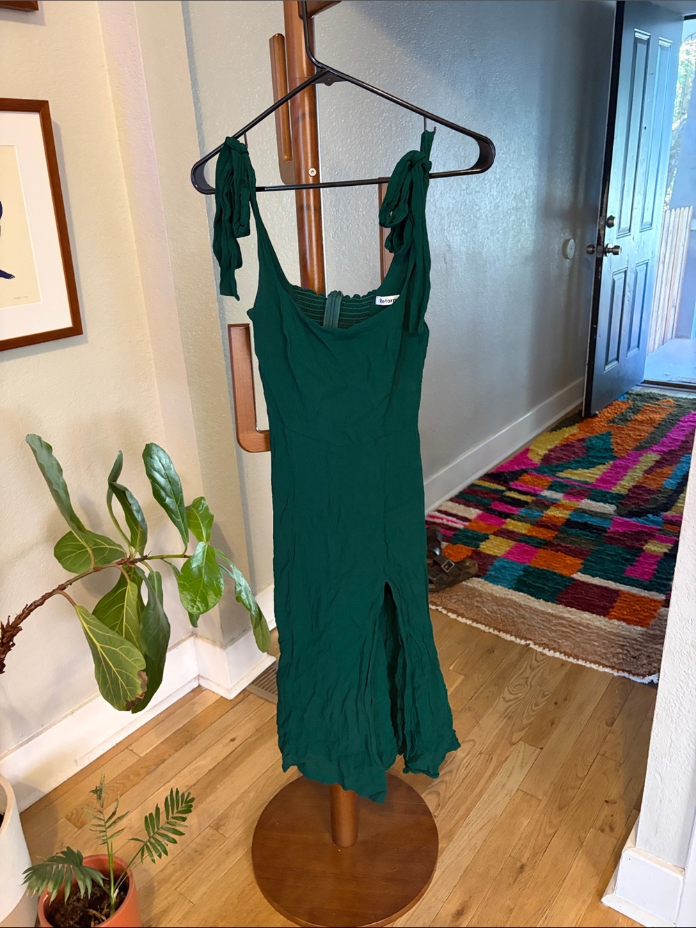 Tie-Strap Emerald Green Midi Dress with Front Slit Reformation